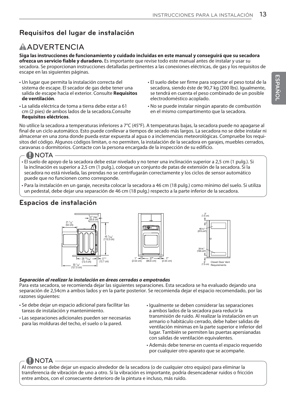 Wadvertencia, Requisitos del lugar de instalación, Espacios de instalación | Nota, Esp añol | LG DLGX5681W User Manual | Page 55 / 88