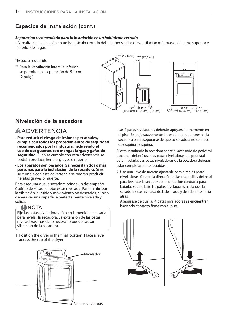 Wadvertencia, Espacios de instalación (cont.), Nivelación de la secadora | Nota | LG DLGX5681W User Manual | Page 56 / 88