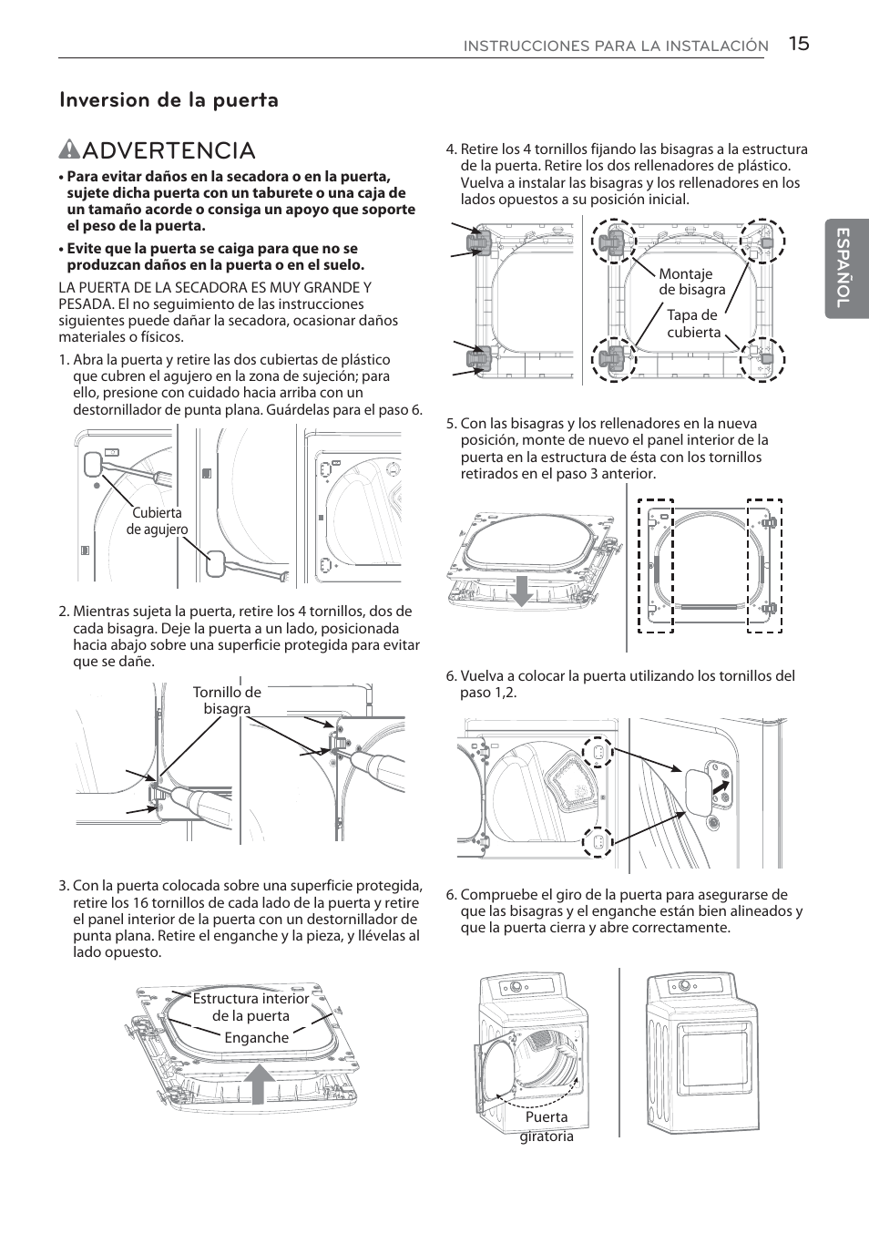 Wadvertencia, Inversion de la puerta | LG DLGX5681W User Manual | Page 57 / 88