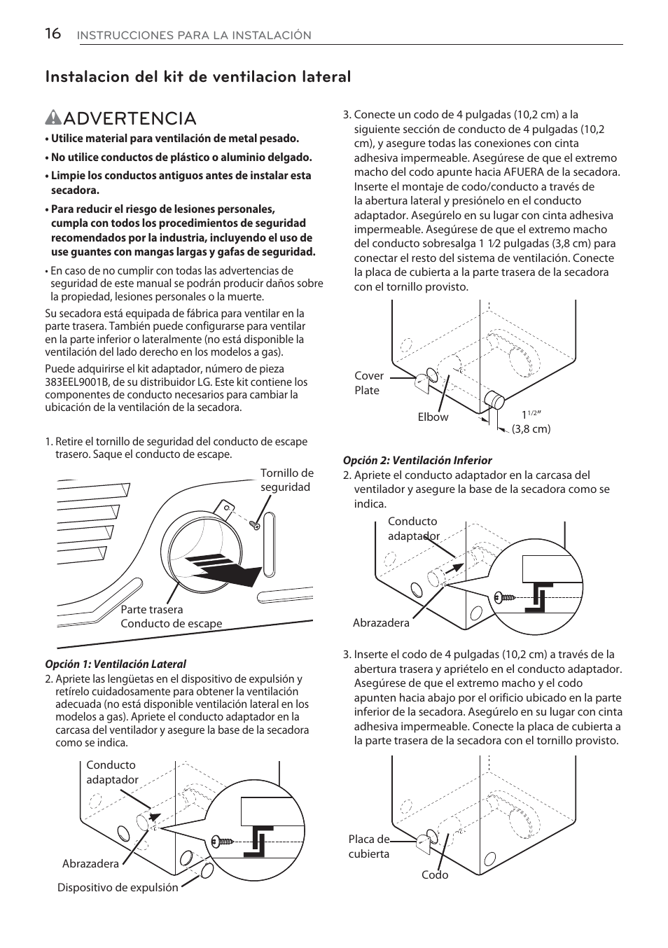 Wadvertencia, Instalacion del kit de ventilacion lateral | LG DLGX5681W User Manual | Page 58 / 88