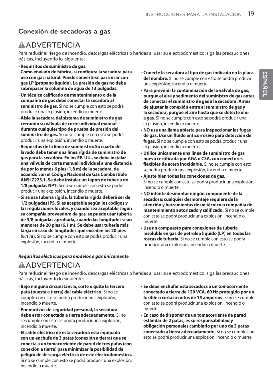 Wadvertencia, Conexión de secadoras a gas | LG DLGX5681W User Manual | Page 61 / 88