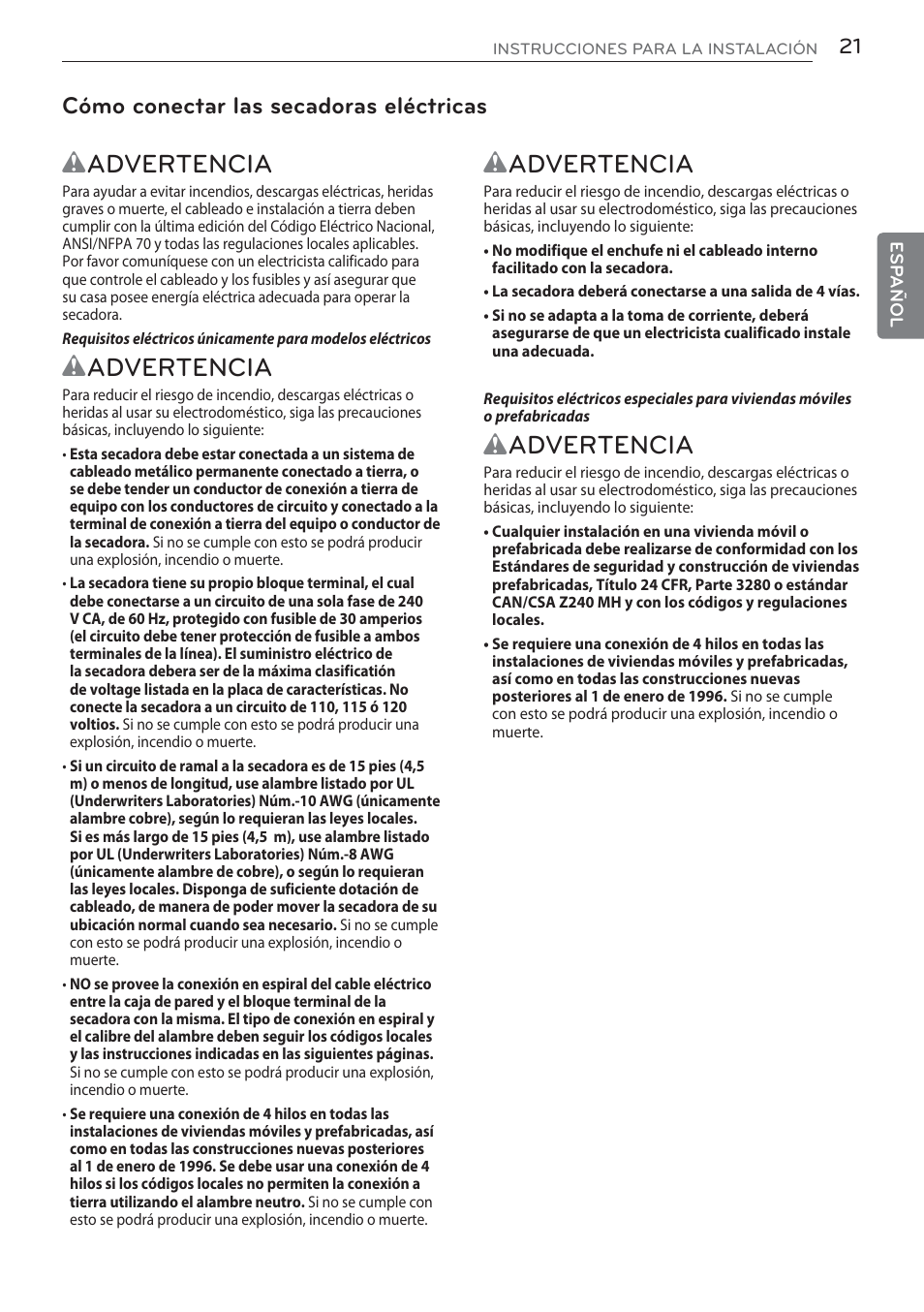 Wadvertencia, Cómo conectar las secadoras eléctricas | LG DLGX5681W User Manual | Page 63 / 88