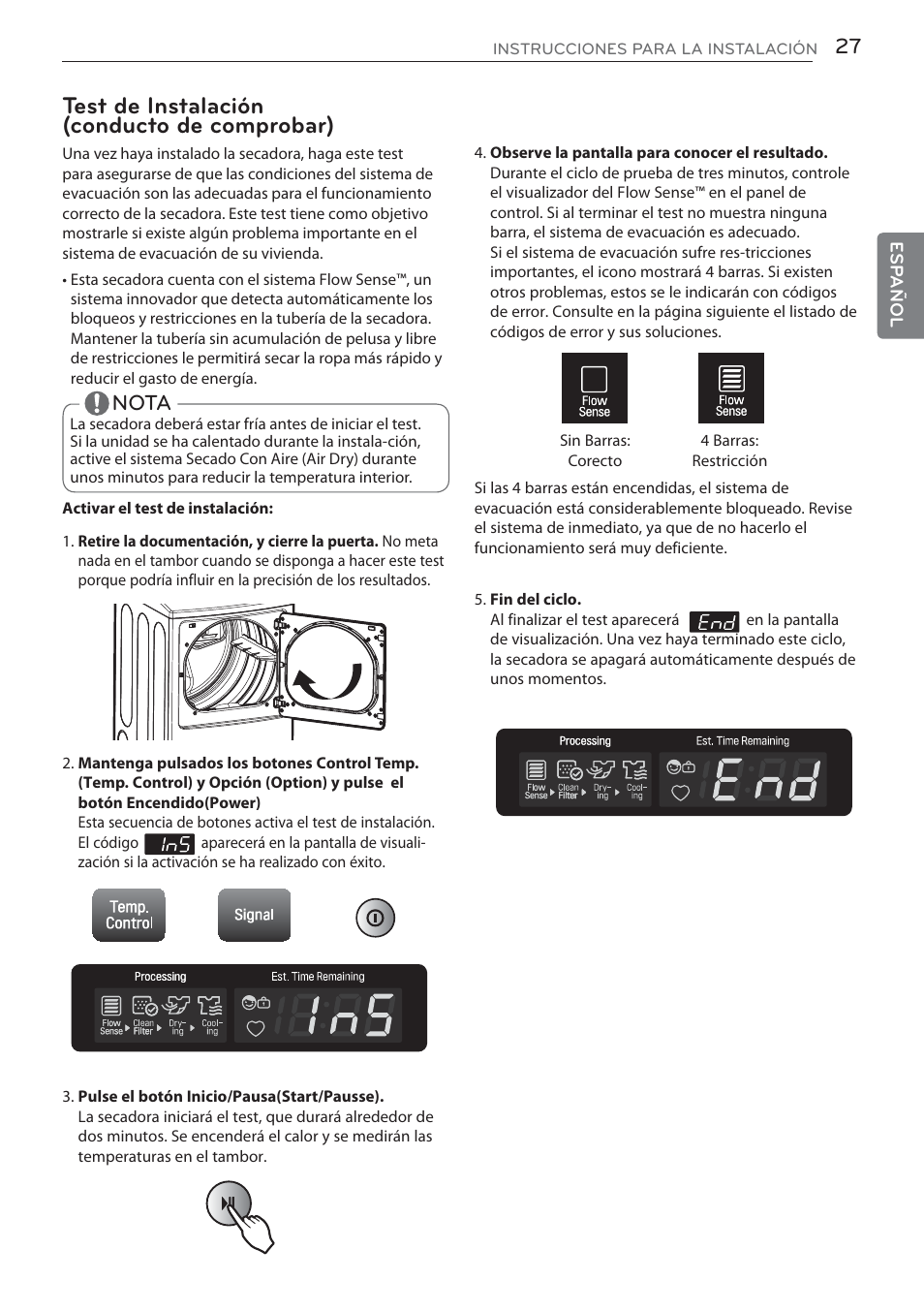 Test de instalación (conducto de comprobar), Nota | LG DLGX5681W User Manual | Page 69 / 88