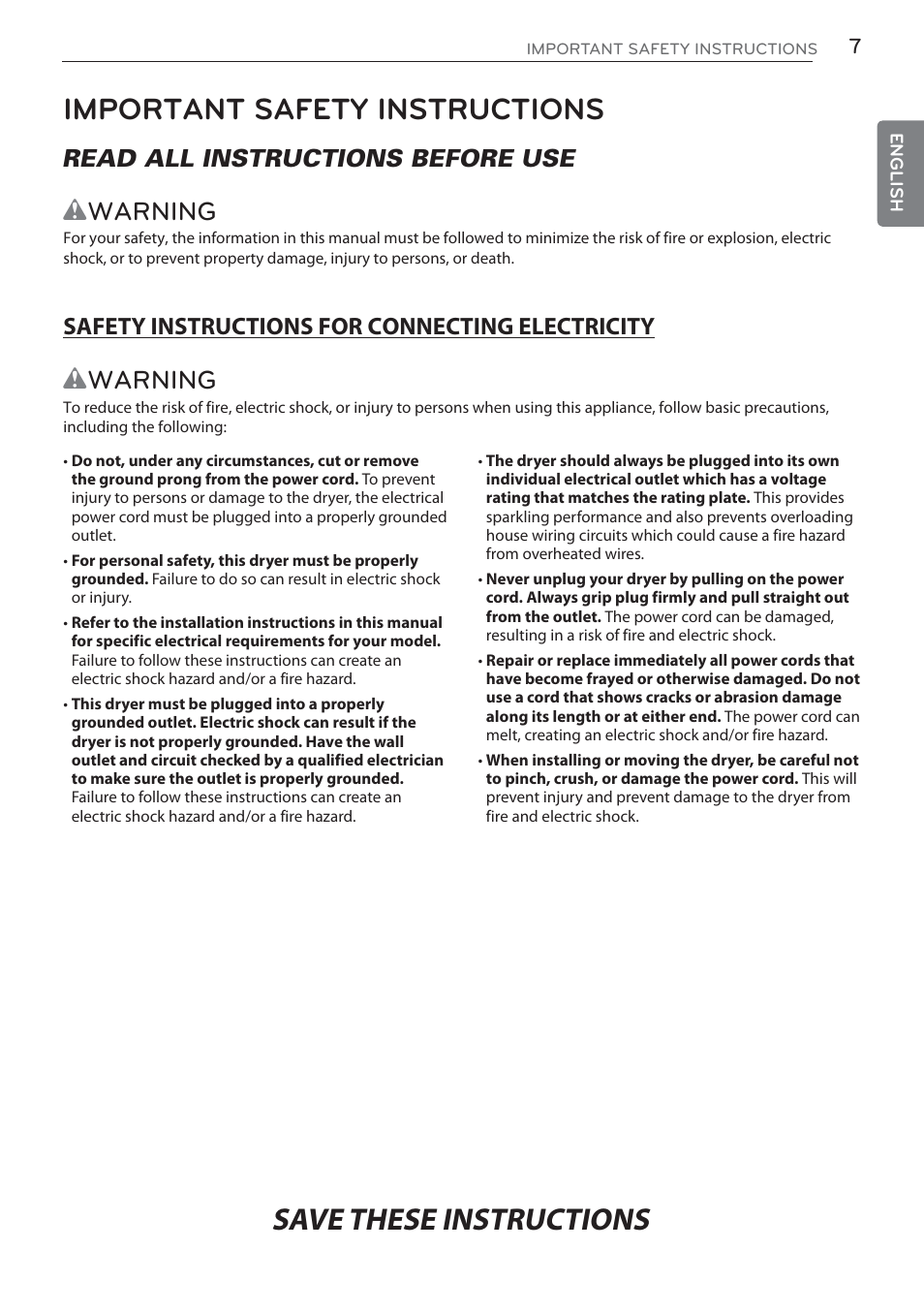 Important safety instructions, Wwarning, Read all instructions before use | LG DLGX5681W User Manual | Page 7 / 88
