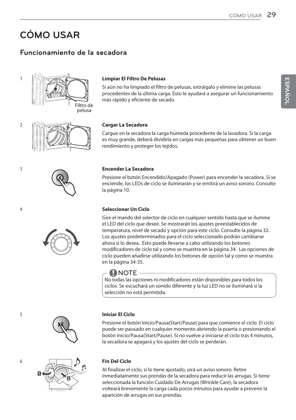 Cómo usar, Funcionamiento de la secadora | LG DLGX5681W User Manual | Page 71 / 88