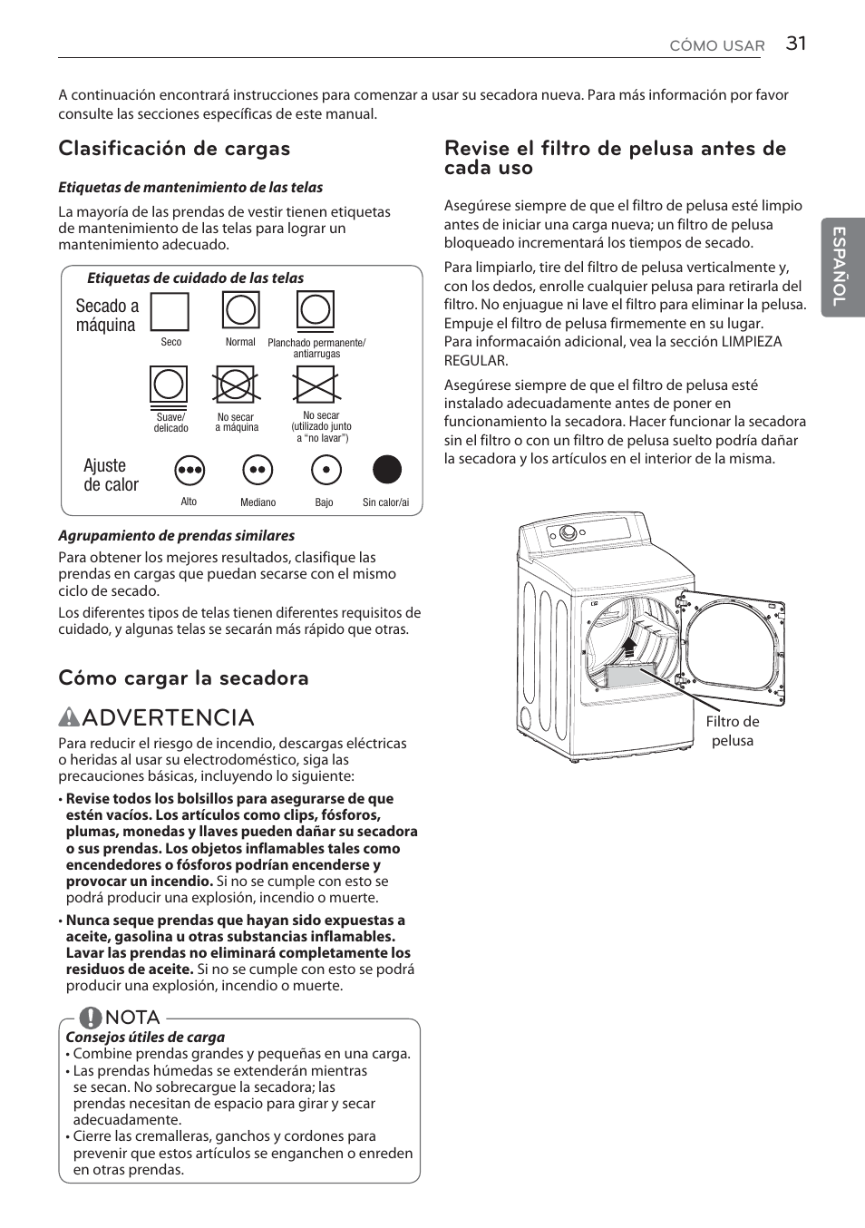 Wadvertencia, Revise el filtro de pelusa antes de cada uso, Clasificación de cargas | Cómo cargar la secadora, Nota | LG DLGX5681W User Manual | Page 73 / 88