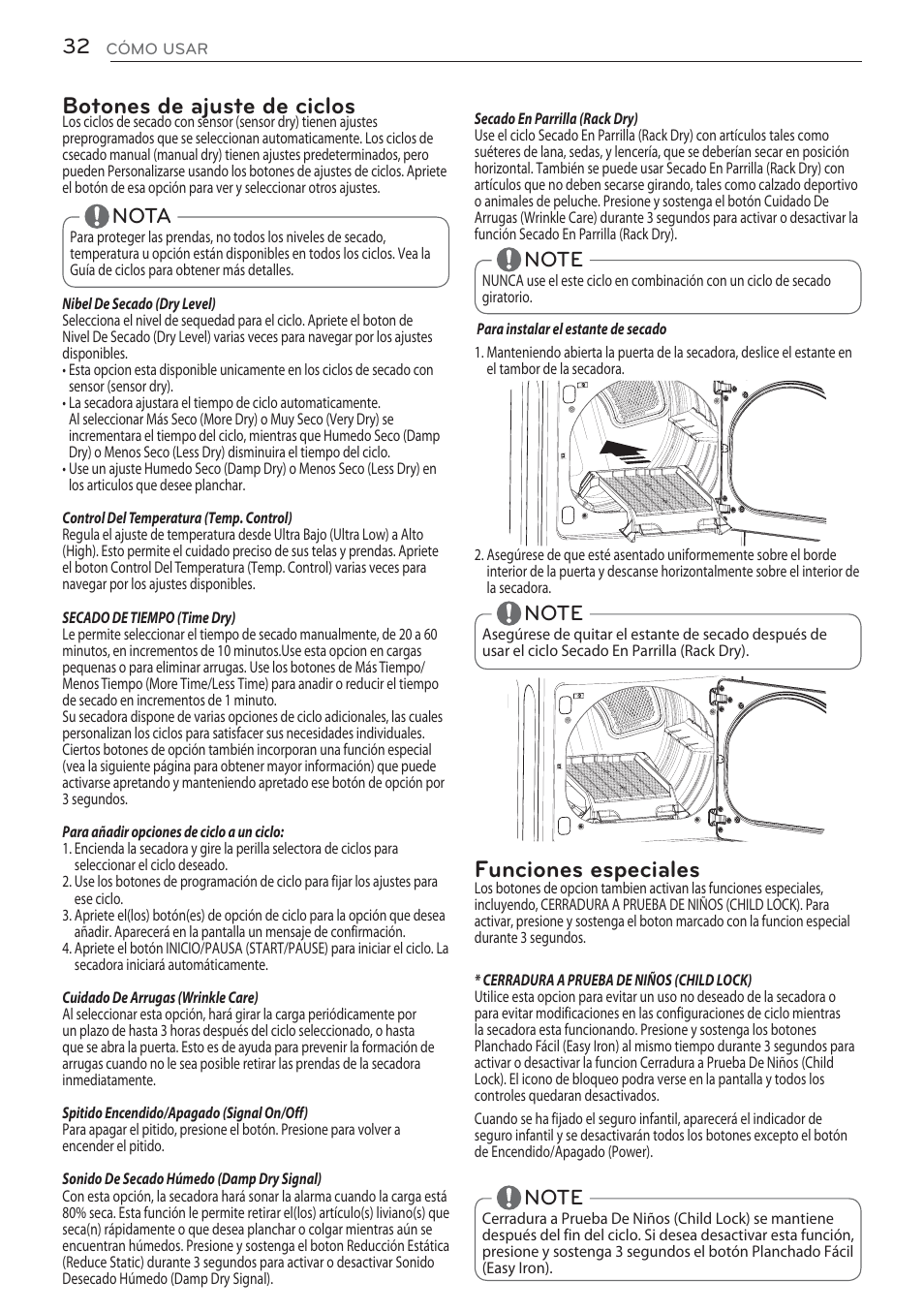 Funciones especiales, Botones de ajuste de ciclos, Nota | LG DLGX5681W User Manual | Page 74 / 88