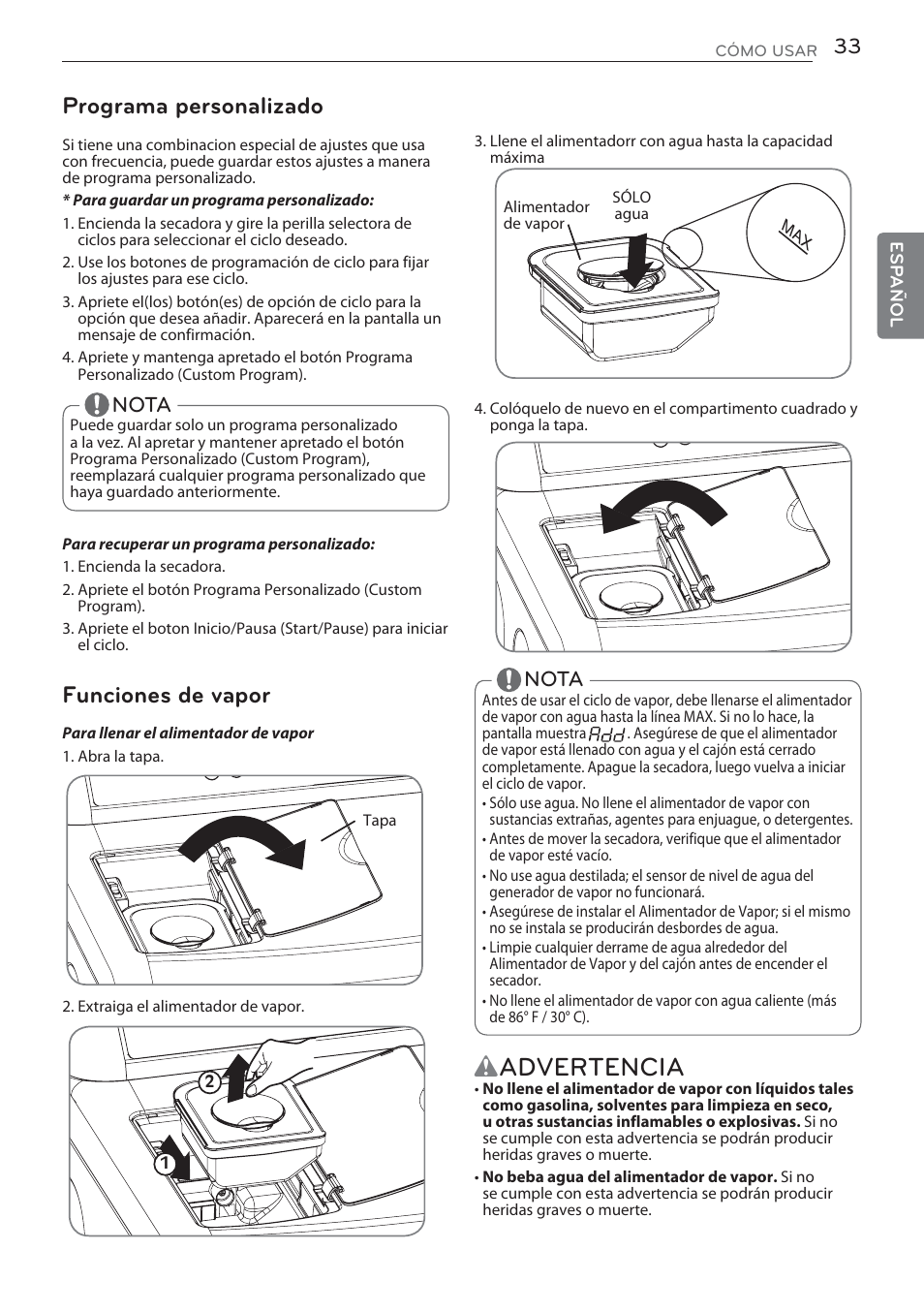 Wadvertencia, Programa personalizado, Funciones de vapor | Nota | LG DLGX5681W User Manual | Page 75 / 88