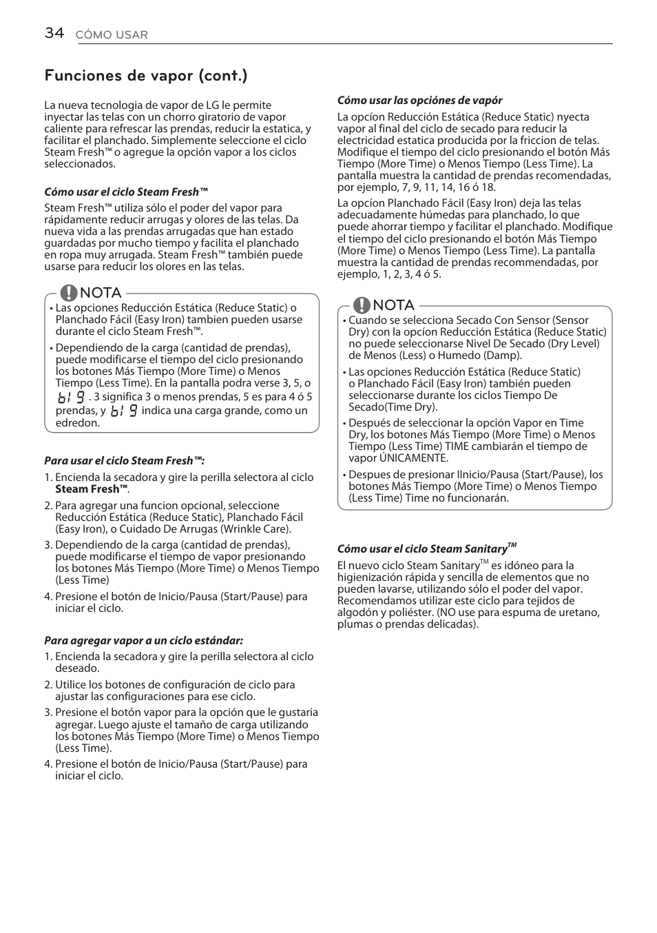 Funciones de vapor (cont.), Nota | LG DLGX5681W User Manual | Page 76 / 88
