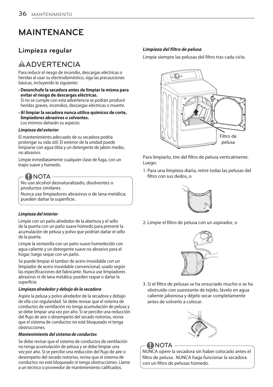 Maintenance, Wadvertencia, Limpieza regular | LG DLGX5681W User Manual | Page 78 / 88