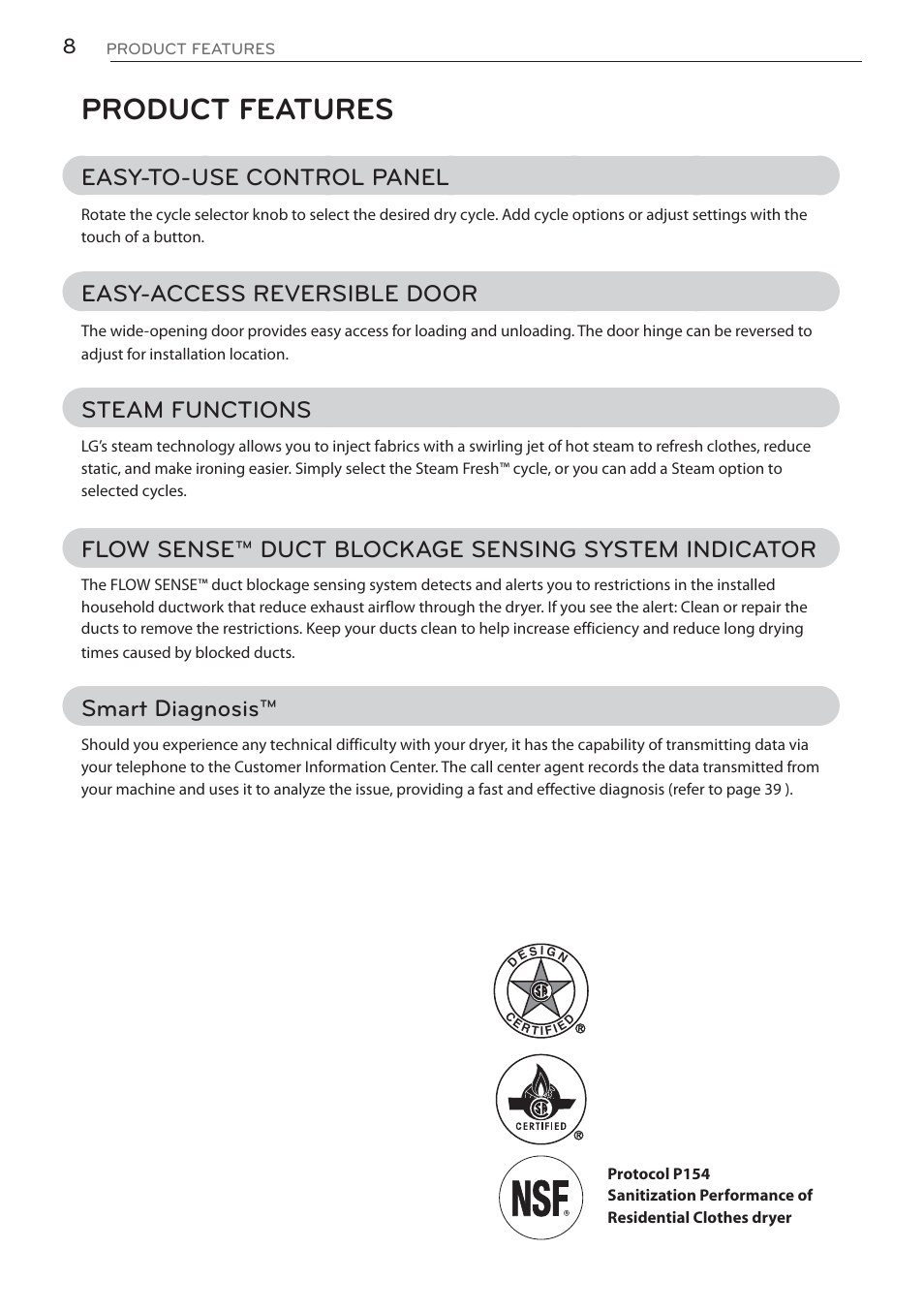 Product features, Easy-to-use control panel, Easy-access reversible door | Steam functions, Flow sense™ duct blockage sensing system indicator, Smart diagnosis | LG DLGX5681W User Manual | Page 8 / 88