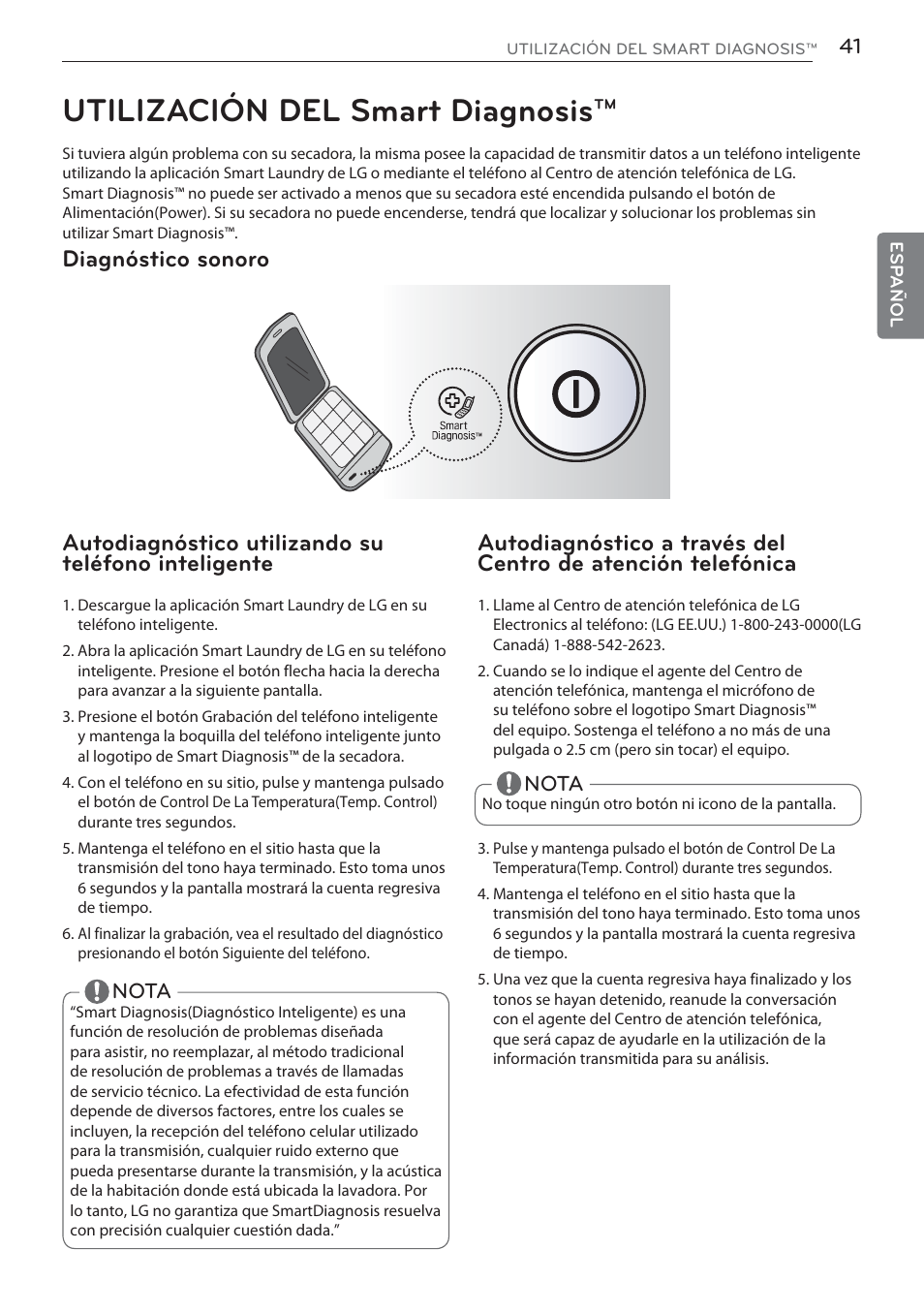 Utilización del smart diagnosis, Diagnóstico sonoro, Autodiagnóstico utilizando su teléfono inteligente | LG DLGX5681W User Manual | Page 83 / 88