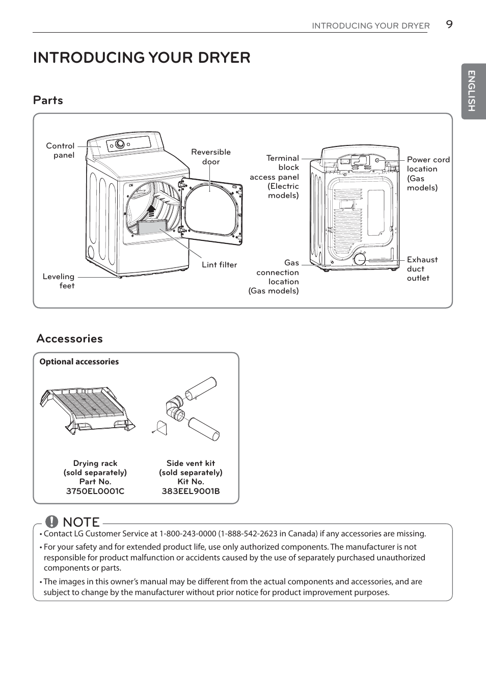 Introducing your dryer, Parts accessories | LG DLGX5681W User Manual | Page 9 / 88
