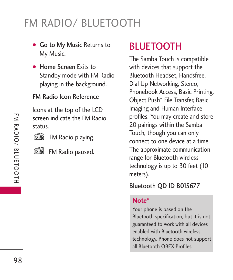 Fm radio/ bluetooth, Bluetooth | LG LG8575 User Manual | Page 100 / 382