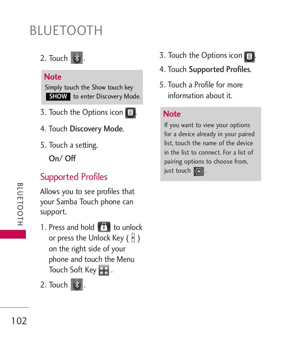 Bluetooth, Supported profiles | LG LG8575 User Manual | Page 104 / 382