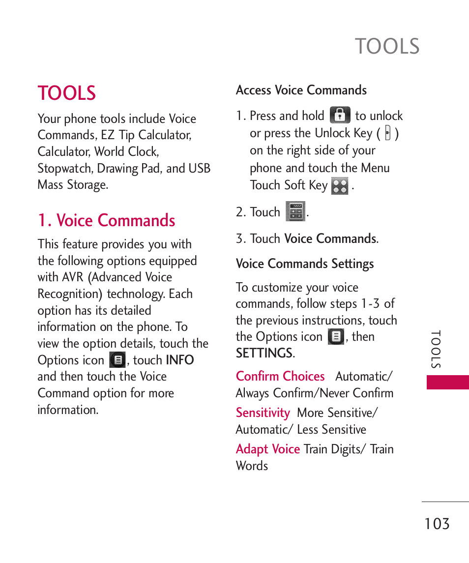 Tools, Voice commands | LG LG8575 User Manual | Page 105 / 382