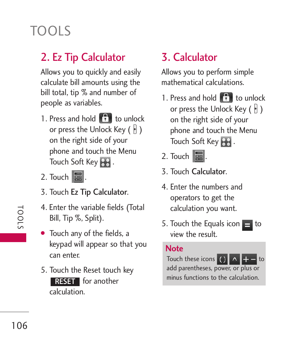 Tools, Ez tip calculator, Calculator | LG LG8575 User Manual | Page 108 / 382