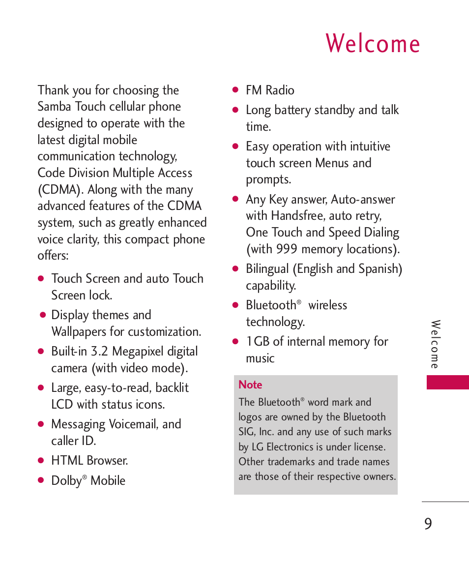 Welcome, Touch screen and auto touch screen lock, Display themes and wallpapers for customization | Large, easy-to-read, backlit lcd with status icons, Messaging voicemail, and caller id, Html browser, Dolby, Mobile, Fm radio, Long battery standby and talk time | LG LG8575 User Manual | Page 11 / 382