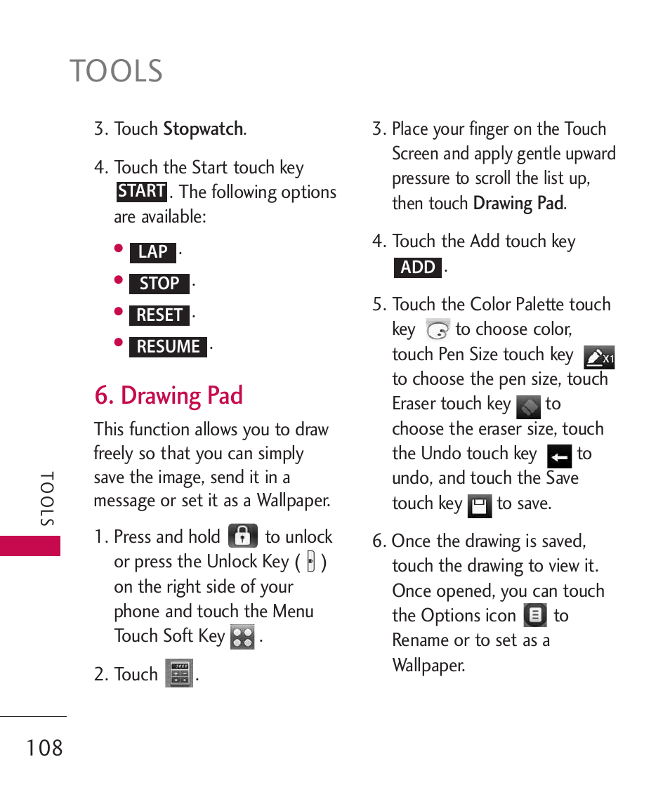 Tools, Drawing pad | LG LG8575 User Manual | Page 110 / 382