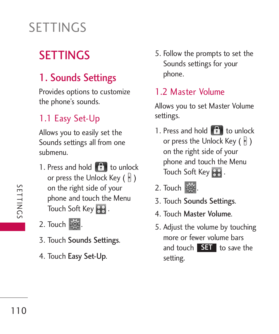 Settings, Sounds settings, 1 easy set-up | 2 master volume | LG LG8575 User Manual | Page 112 / 382