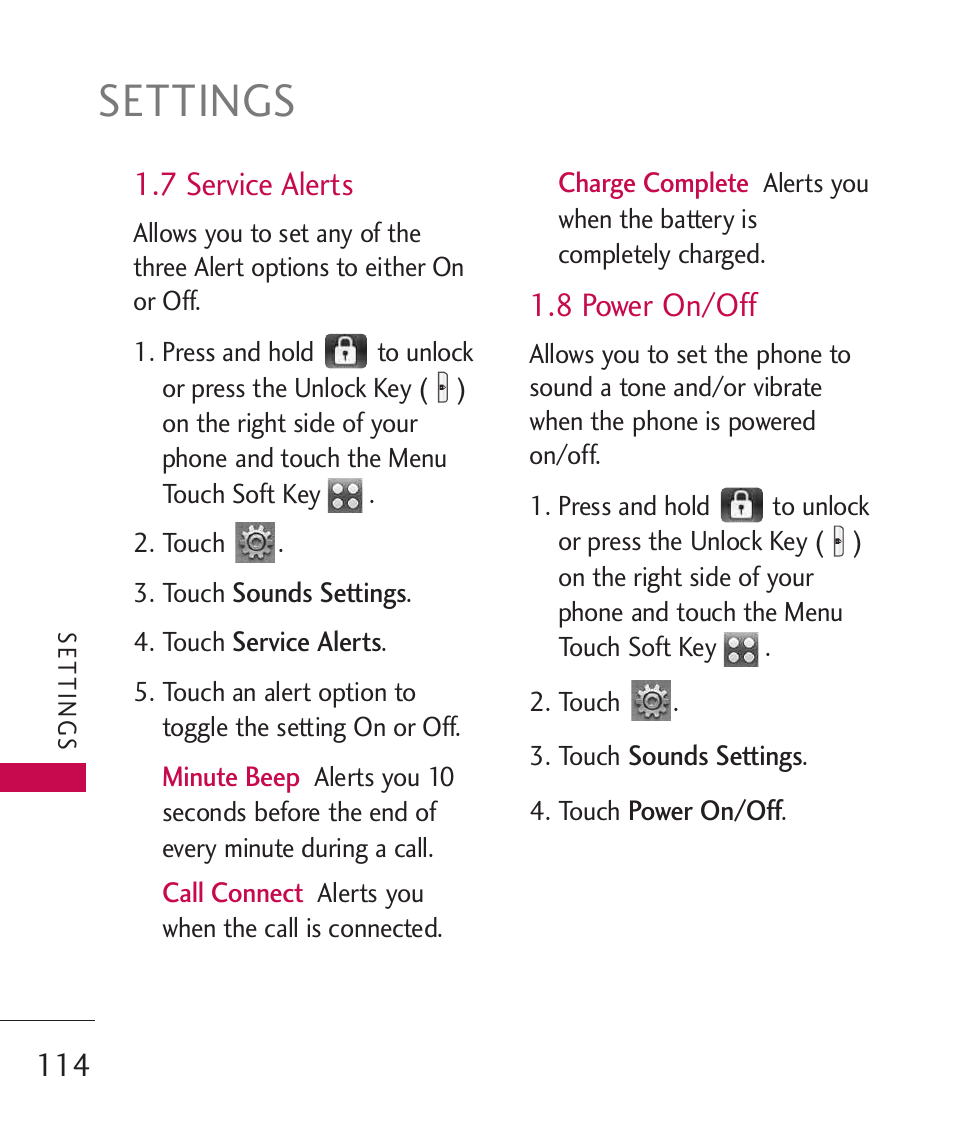 Settings, 7 service alerts, 8 power on/off | LG LG8575 User Manual | Page 116 / 382