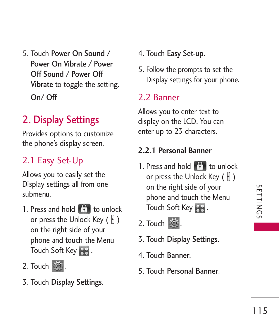 Display settings, 1 easy set-up, 2 banner | LG LG8575 User Manual | Page 117 / 382