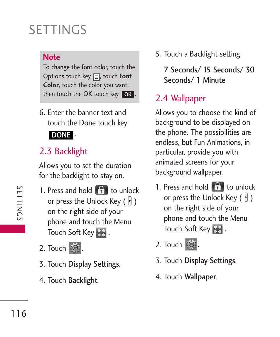 Settings, 3 backlight, 4 wallpaper | LG LG8575 User Manual | Page 118 / 382