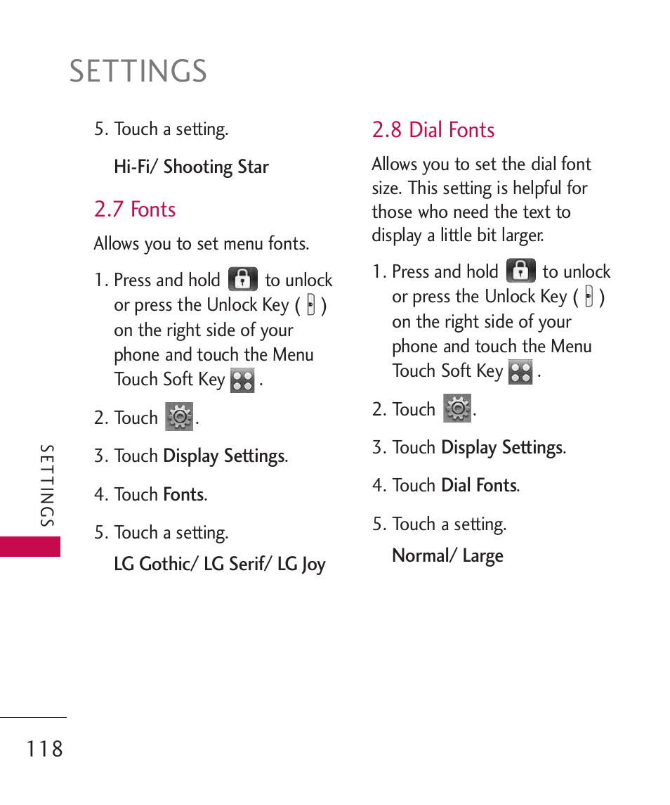 Settings, 7 fonts, 8 dial fonts | LG LG8575 User Manual | Page 120 / 382