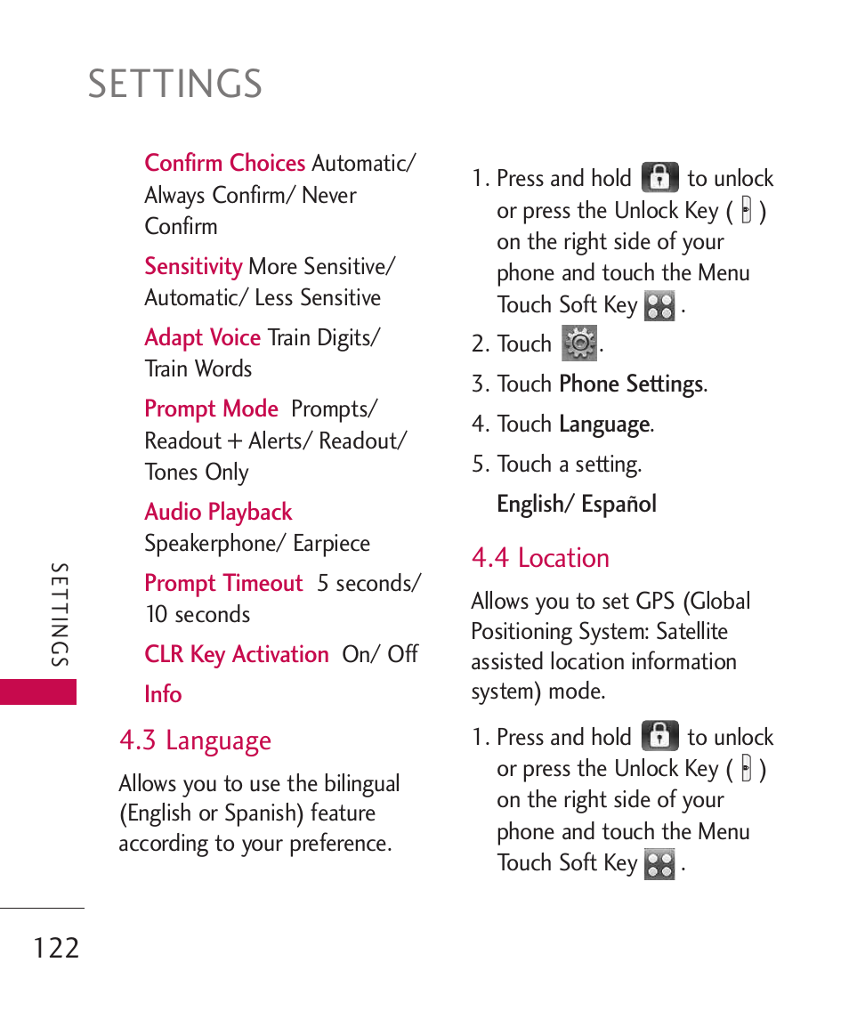 Settings, 3 language, 4 location | LG LG8575 User Manual | Page 124 / 382
