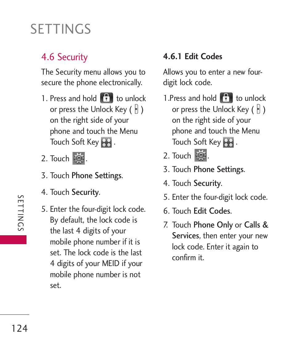 Settings, 6 security | LG LG8575 User Manual | Page 126 / 382