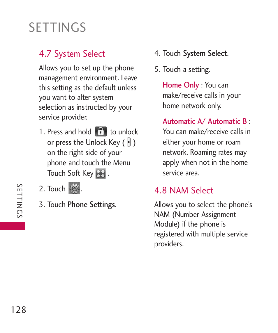 Settings, 7 system select, 8 nam select | LG LG8575 User Manual | Page 130 / 382