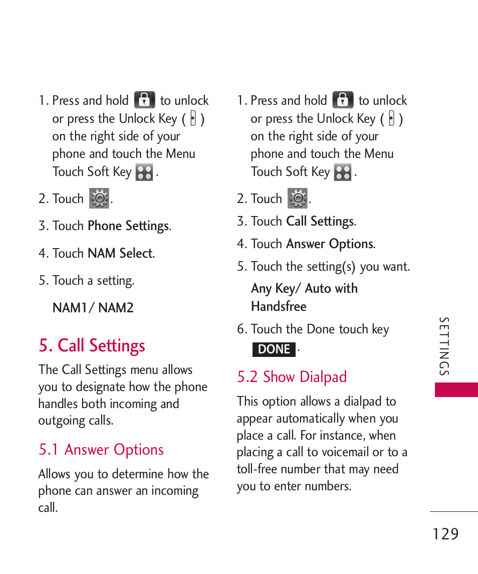 Call settings, 1 answer options, 2 show dialpad | LG LG8575 User Manual | Page 131 / 382