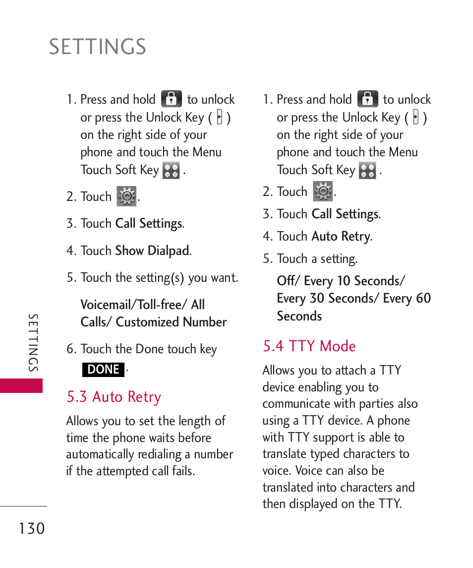 Settings, 3 auto retry, 4 tty mode | LG LG8575 User Manual | Page 132 / 382