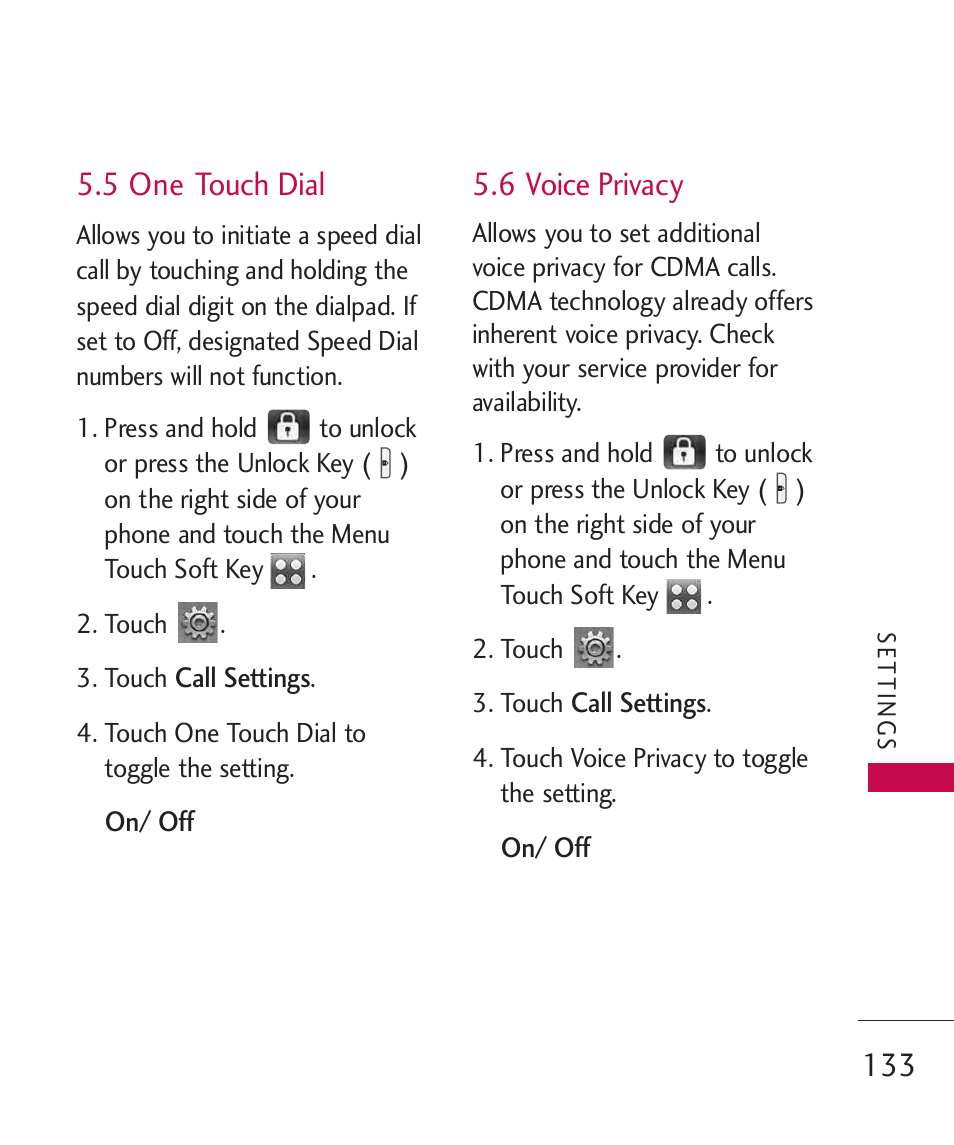5 one touch dial, 6 voice privacy | LG LG8575 User Manual | Page 135 / 382