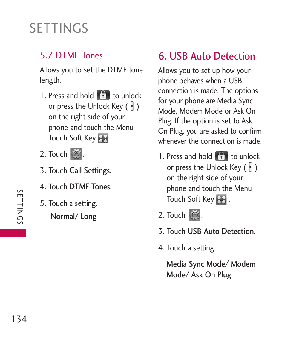 Settings, Usb auto detection, 7 dtmf tones | LG LG8575 User Manual | Page 136 / 382