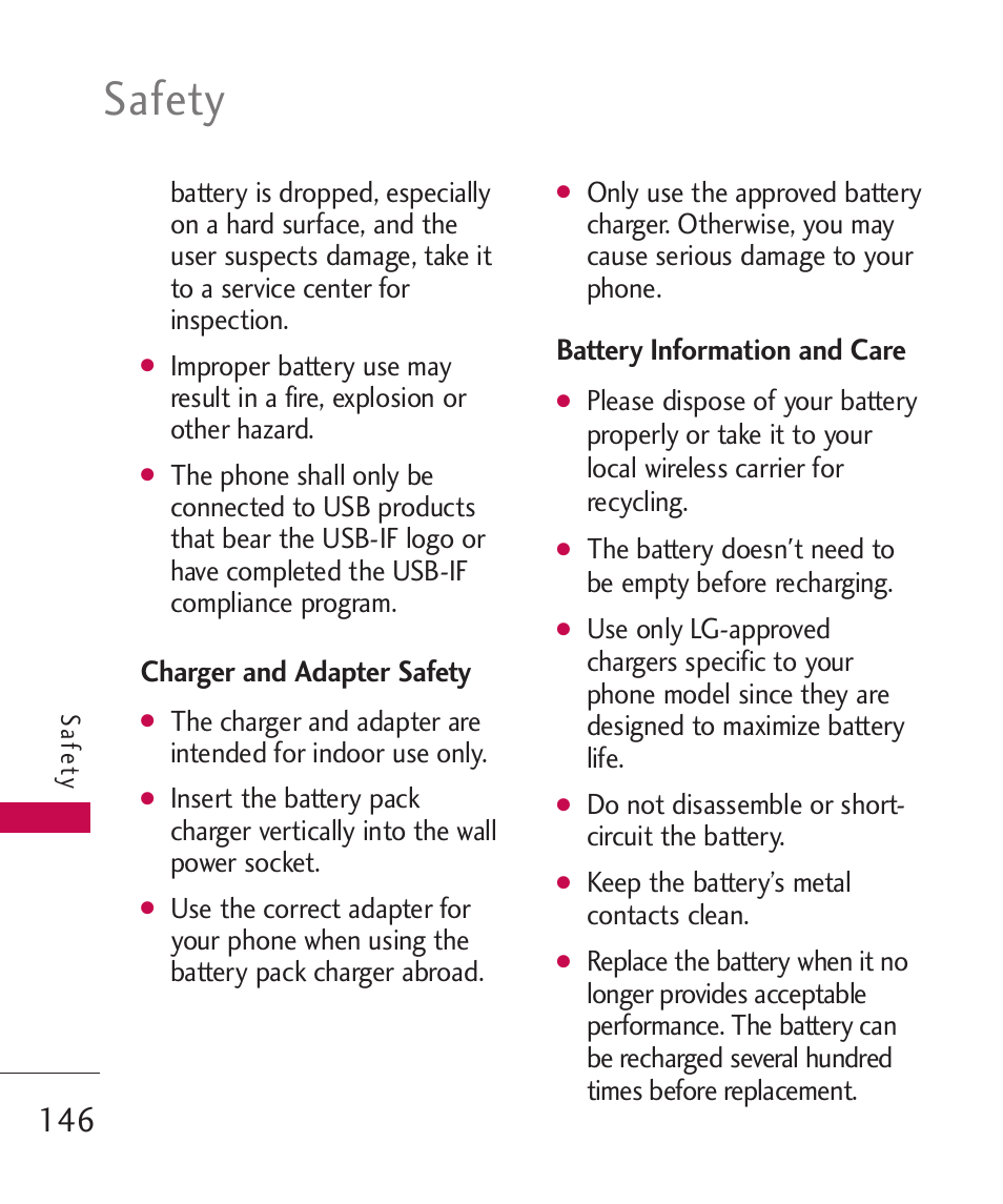 Safety, Charger and adapter safety, Battery information and care | LG LG8575 User Manual | Page 148 / 382