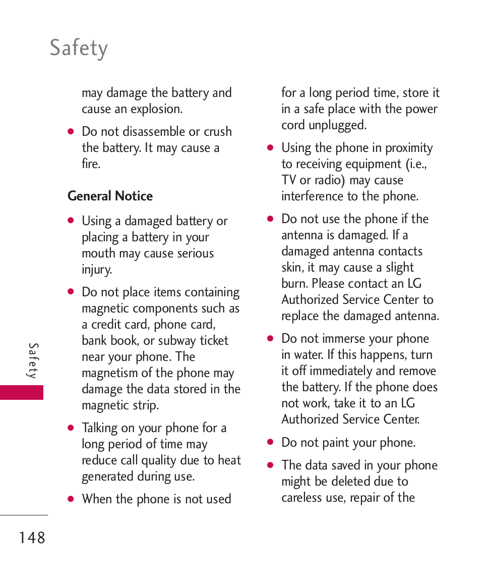 Safety, General notice | LG LG8575 User Manual | Page 150 / 382