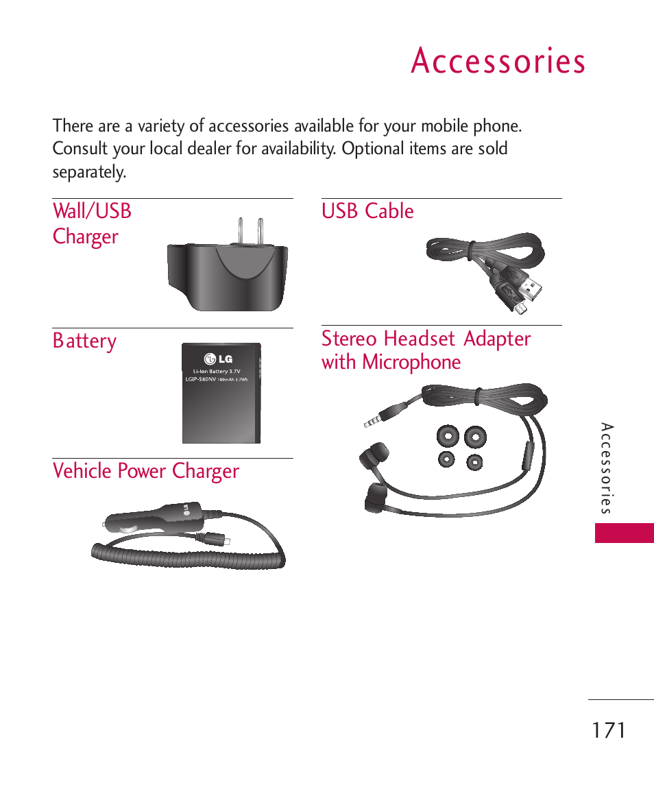 Accessories | LG LG8575 User Manual | Page 173 / 382