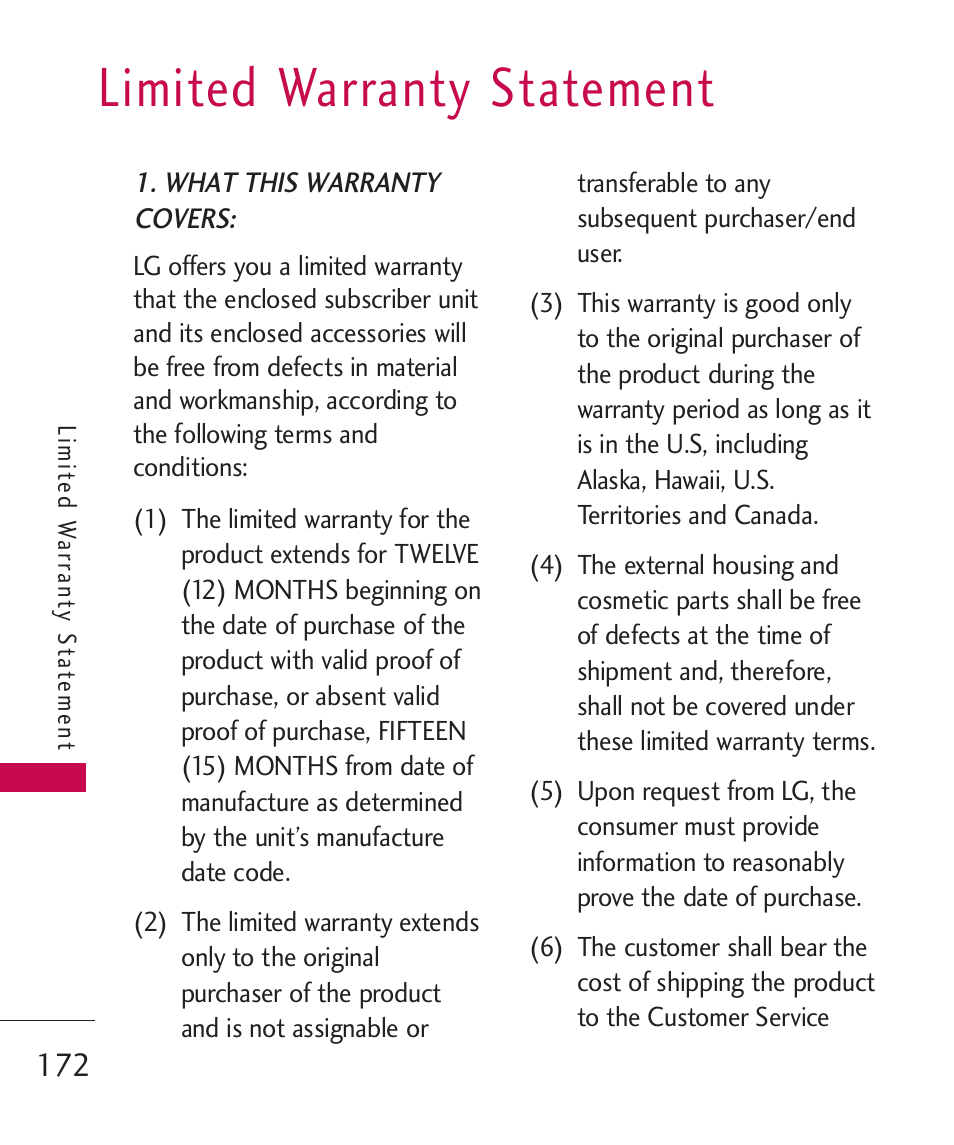 Limited warranty statement | LG LG8575 User Manual | Page 174 / 382