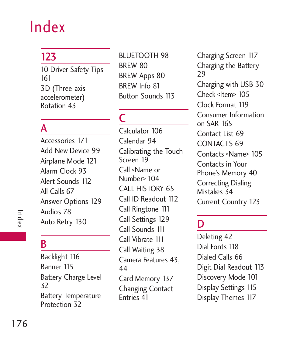 Index | LG LG8575 User Manual | Page 178 / 382