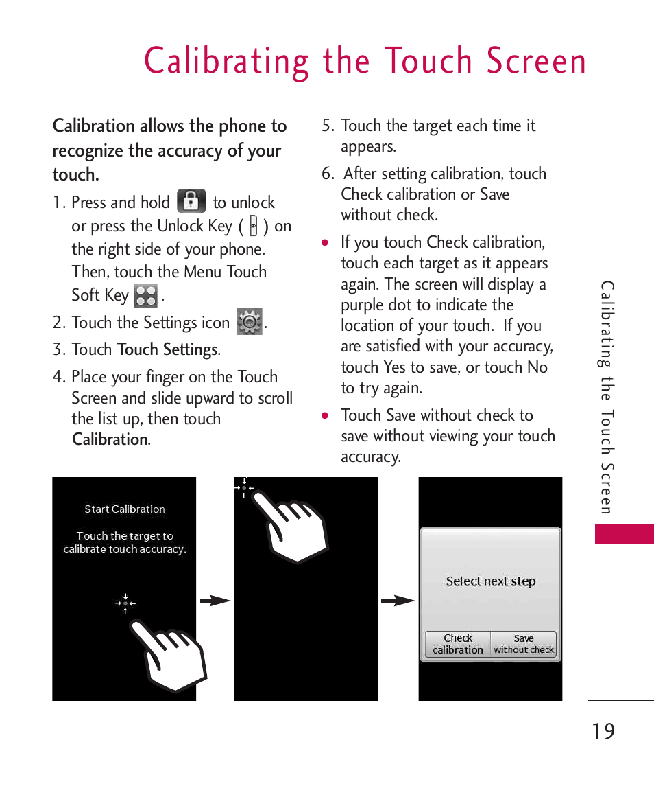 Calibrating the touch screen | LG LG8575 User Manual | Page 21 / 382