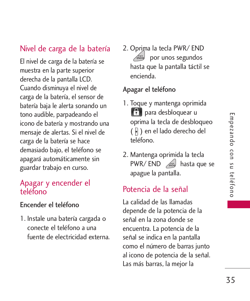 Nivel de carga de la batería, Apagar y encender el teléfono, Potencia de la señal | LG LG8575 User Manual | Page 218 / 382