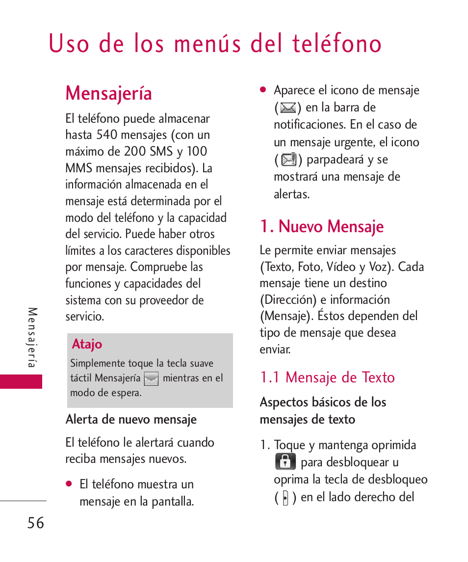 Uso de los menús del teléfono, Mensajería, Nuevo mensaje | 1 mensaje de texto | LG LG8575 User Manual | Page 239 / 382