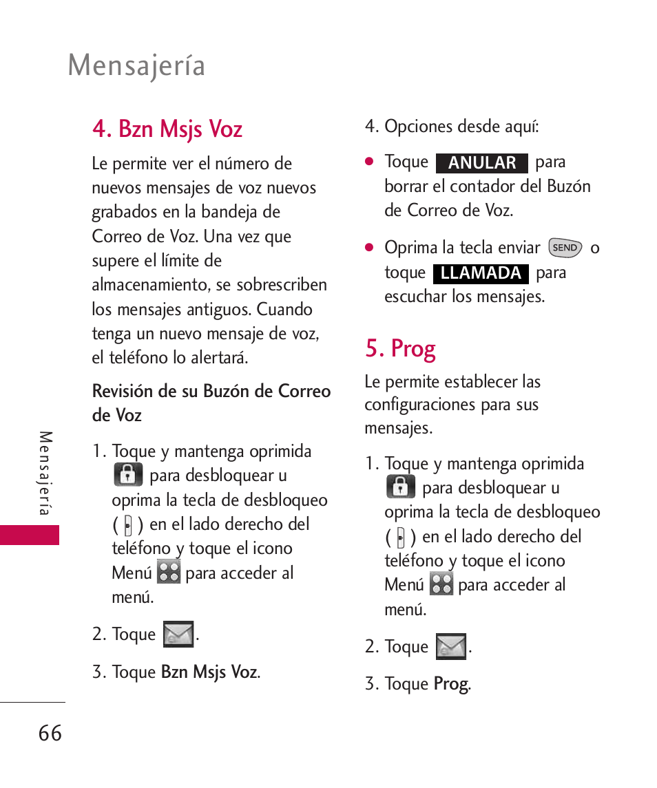 Mensajería, Bzn msjs voz, Prog | LG LG8575 User Manual | Page 249 / 382