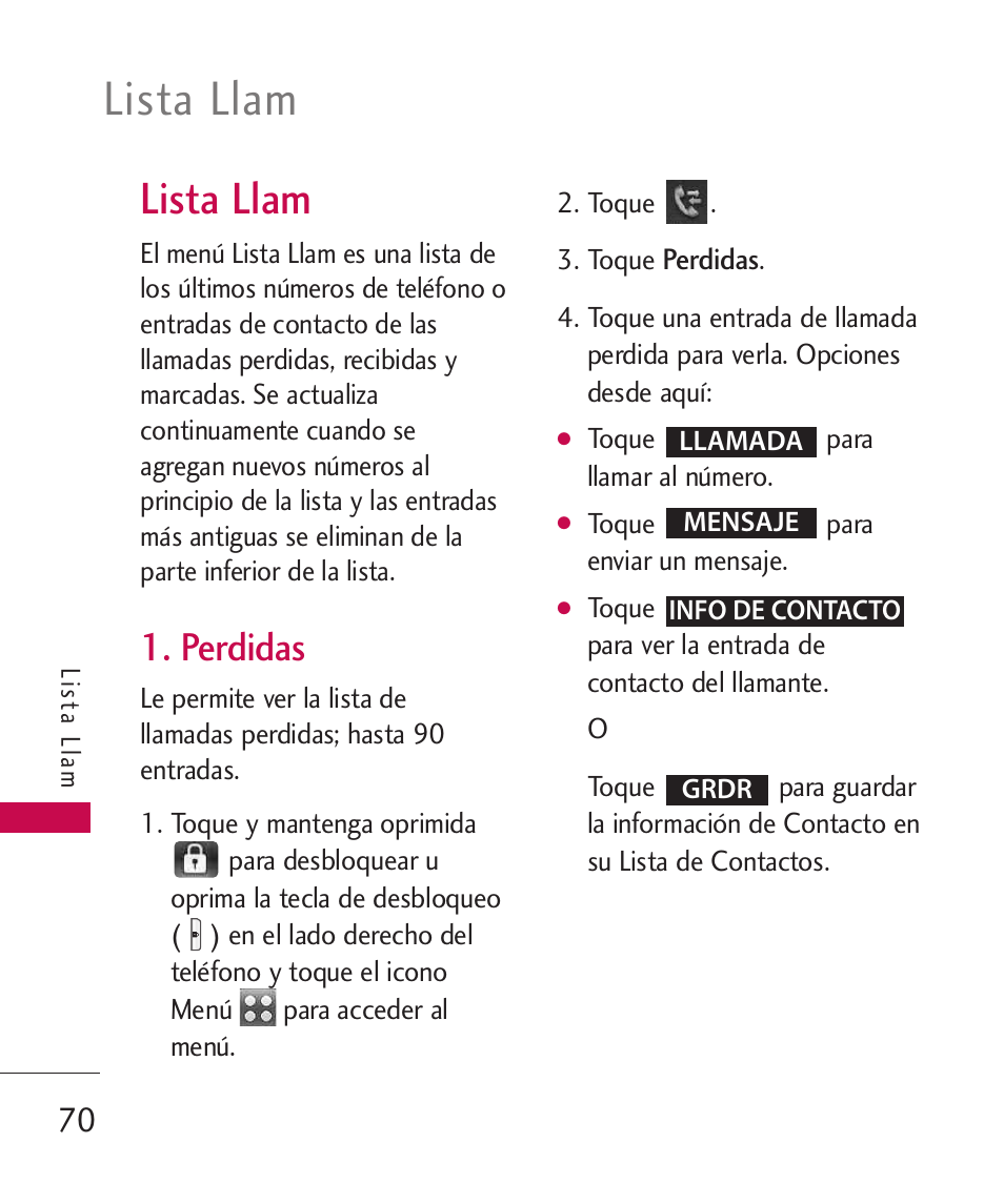 Lista llam, Perdidas | LG LG8575 User Manual | Page 253 / 382