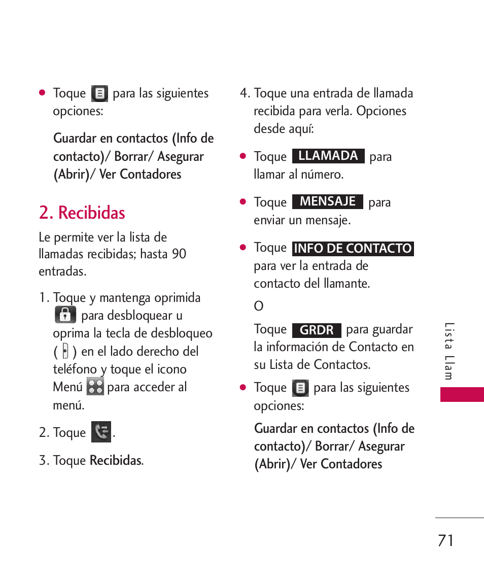 Recibidas | LG LG8575 User Manual | Page 254 / 382