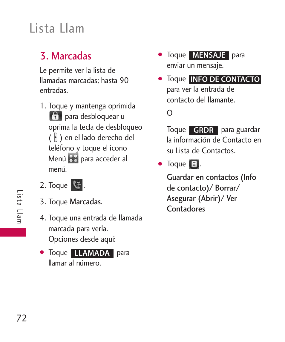 Lista llam, Marcadas | LG LG8575 User Manual | Page 255 / 382