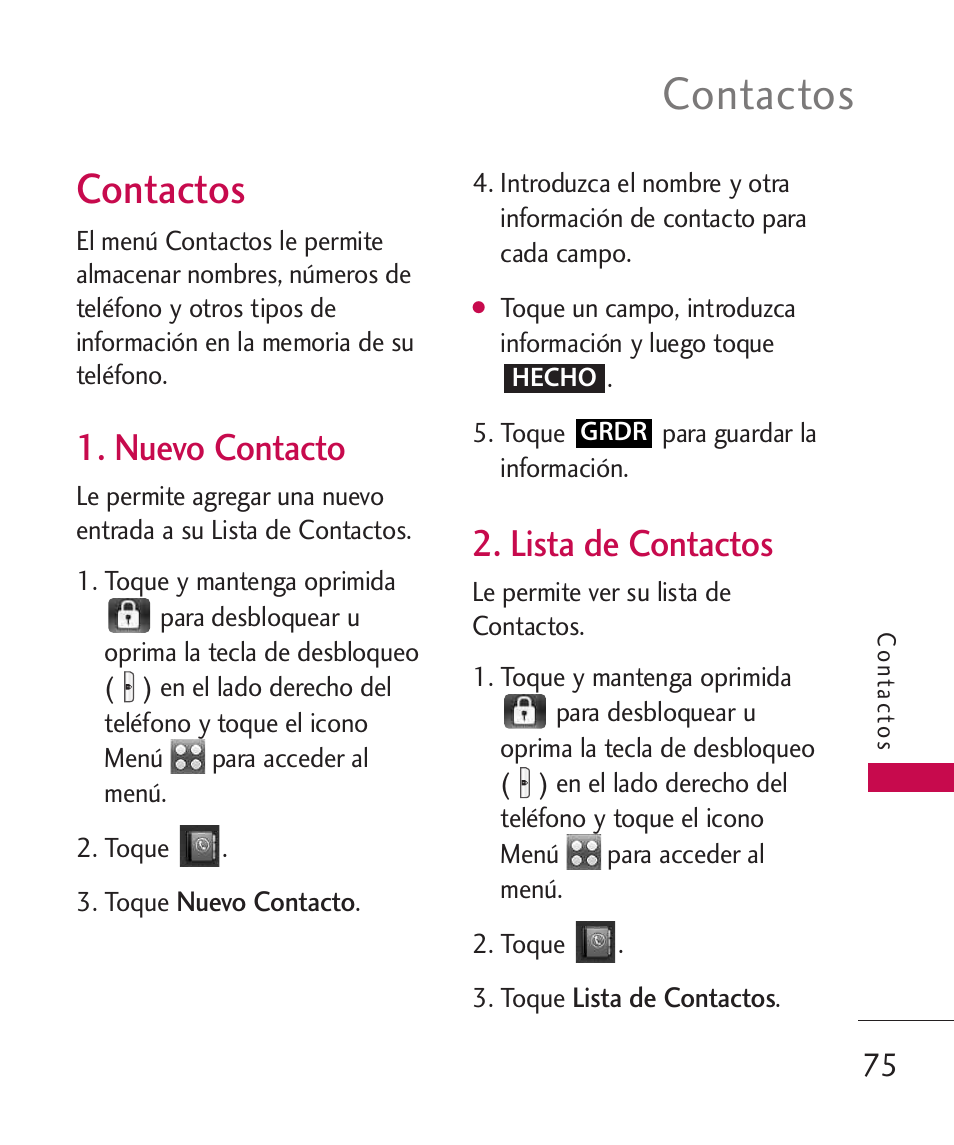 Contactos, Nuevo contacto, Lista de contactos | LG LG8575 User Manual | Page 258 / 382