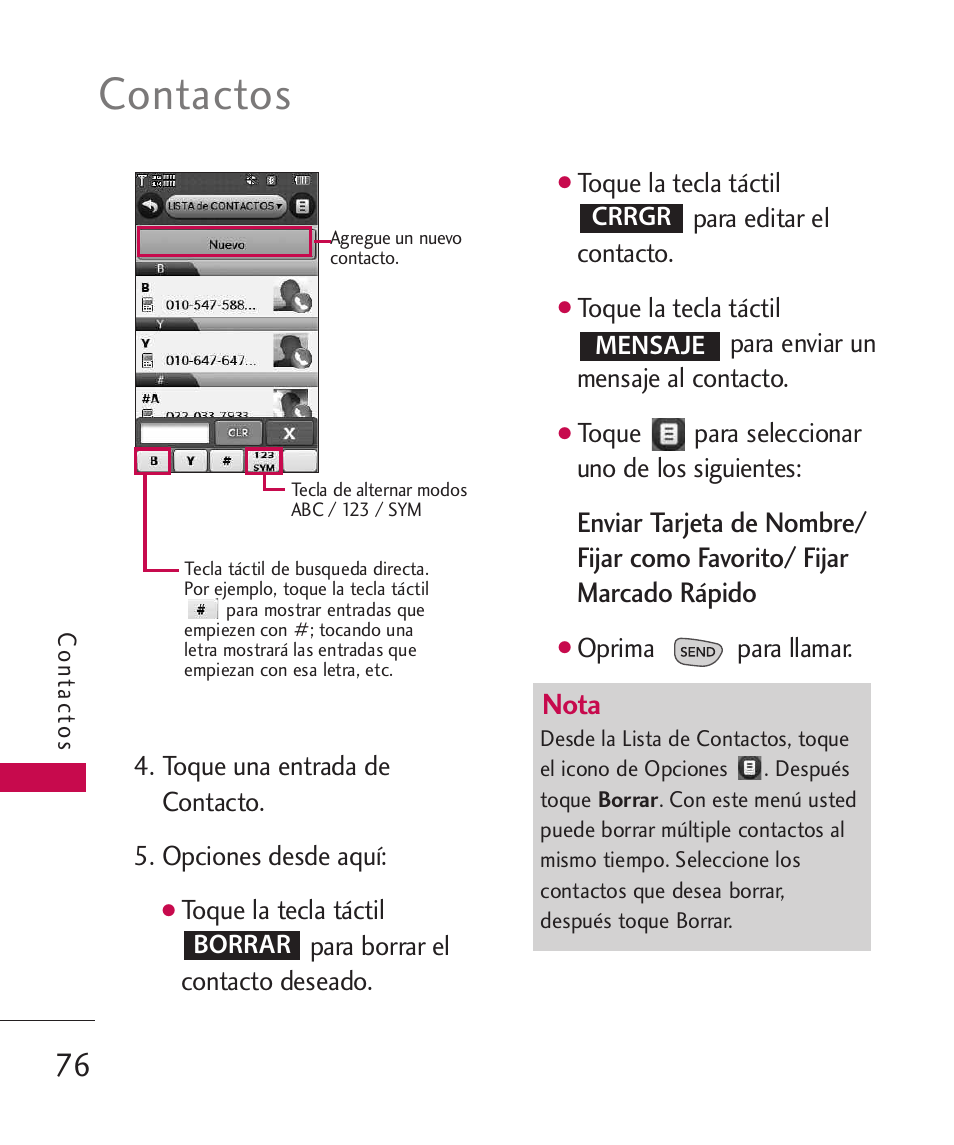 Contactos, Nota | LG LG8575 User Manual | Page 259 / 382