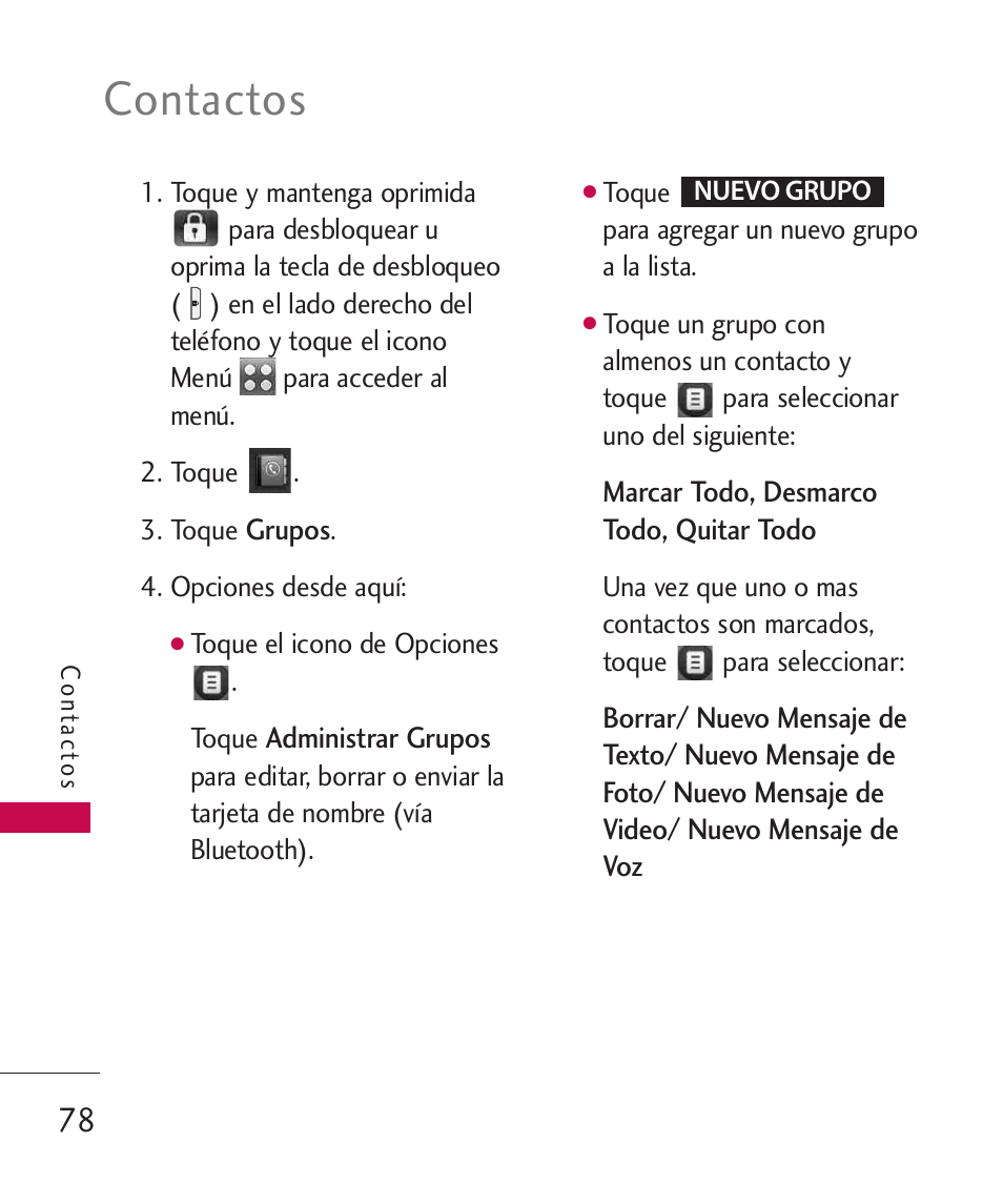 Contactos | LG LG8575 User Manual | Page 261 / 382
